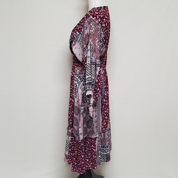 BOHO Anthropologie GiGiO USA Wine Floral Mixed Print Surplice V-neck Dress Small - Picture 6 of 14